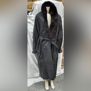 Vintage  Long Leather Coat With Black real Fur By Leather Tone
